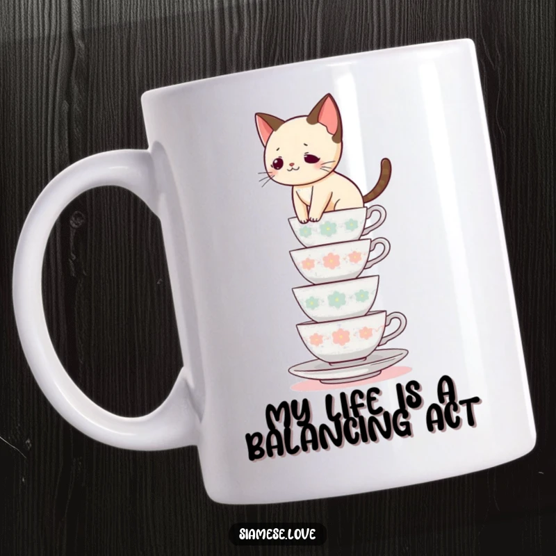 Funny Siamese cat teacup mug, feline balancing act on stacked cups, playful and daring, perfect gift for cat lovers.