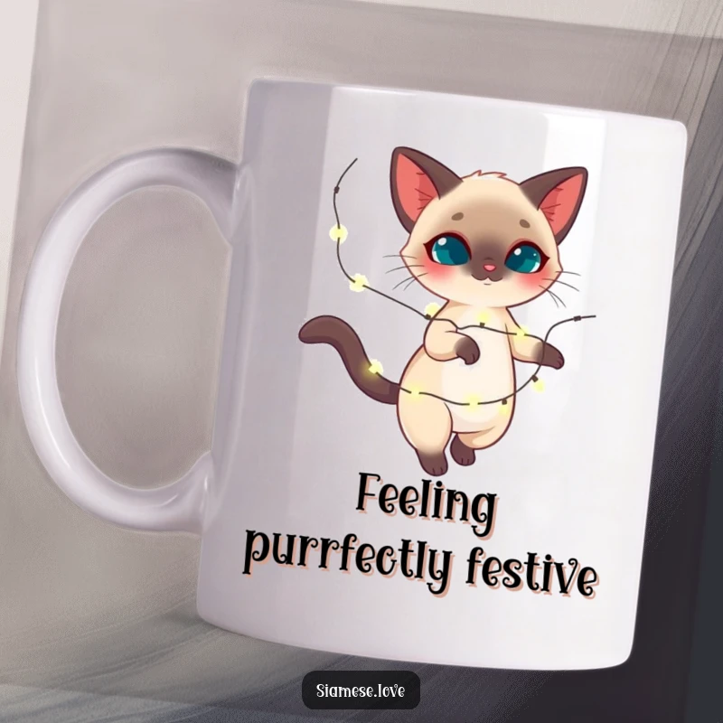 Funny Siamese cat mug, feline gracefully twirling with sparkling holiday lights, festive and magical, great funny gift.