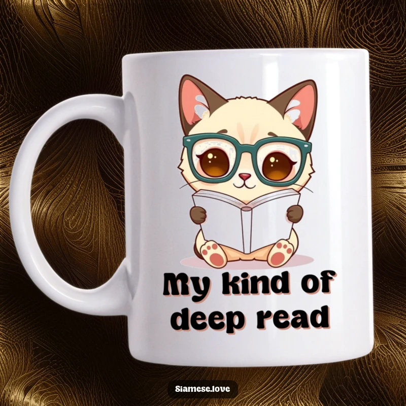 Funny Siamese cat mug, wearing oversized glasses, humorously reading a book upside down, representing intellectual quirkiness.