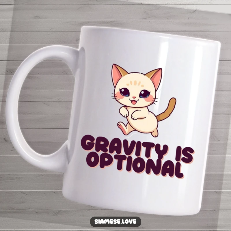 Funny Siamese Cat Mug: A graceful Siamese cat in mid-air, captured mid-leap with a look of pure delight.