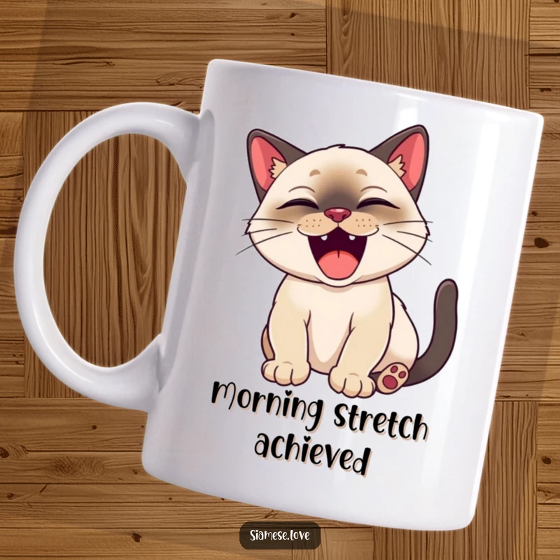 Funny Siamese cat happily stretching with a big, satisfied yawn on this joyful mug.