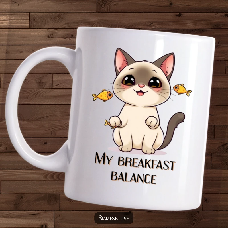 Funny Mug: A cheerful Siamese cat happily juggling three tiny fish with impressive skill.