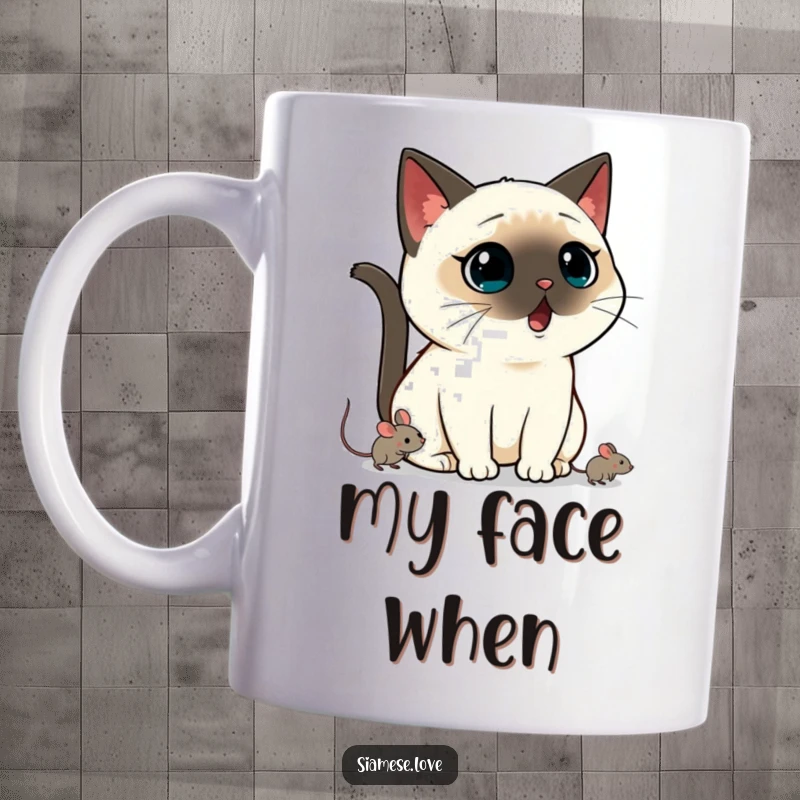 Funny Kawaii Siamese cat mug with a shocked expression as a tiny mouse scurries away, perfect for a pet owner's humorous gift.