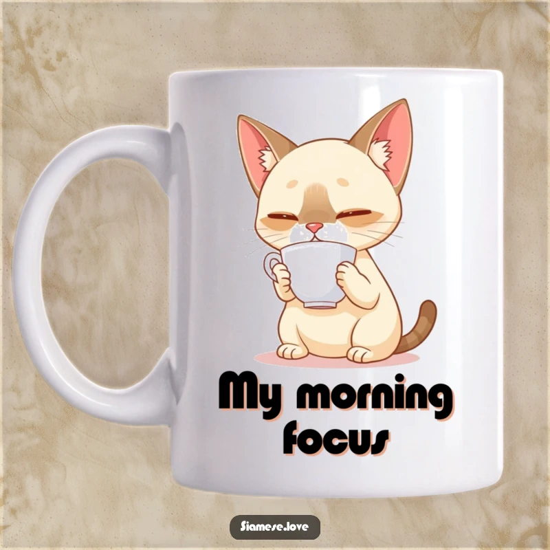 Funny Siamese cat concentrating hard while balancing a teacup on its nose on a mug, showcasing skill and silliness.