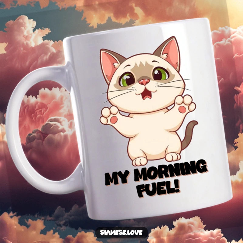 Funny mug featuring a Siamese cat with its paws dramatically raised in a surprised, shocked, and hilarious pose, capturing pure feline astonishment.