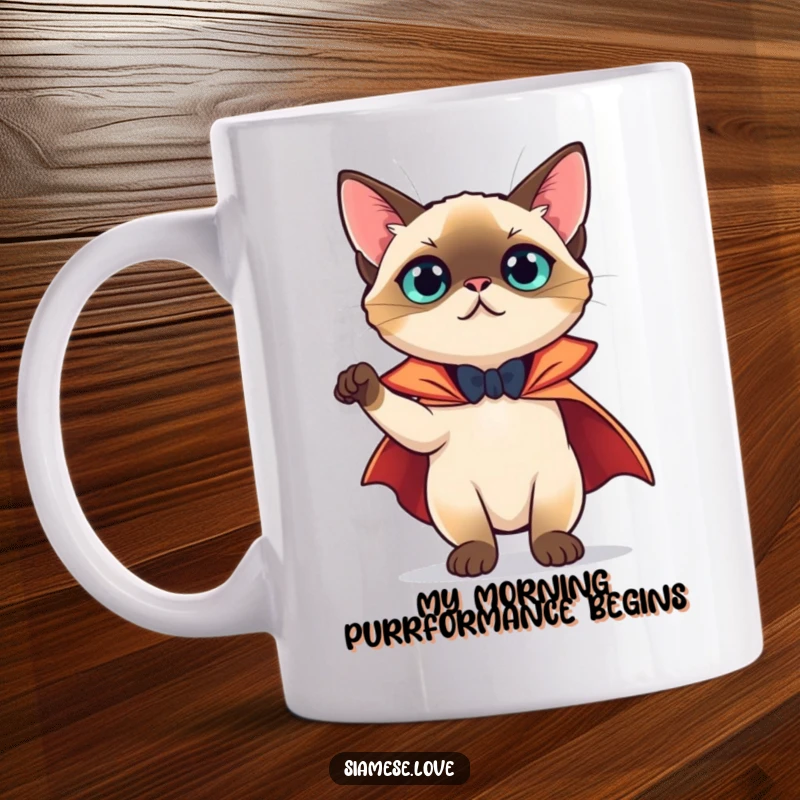 Funny Mug: Theatrical Siamese cat in a cape striking a dramatic pose, full of feline grandeur and humor.