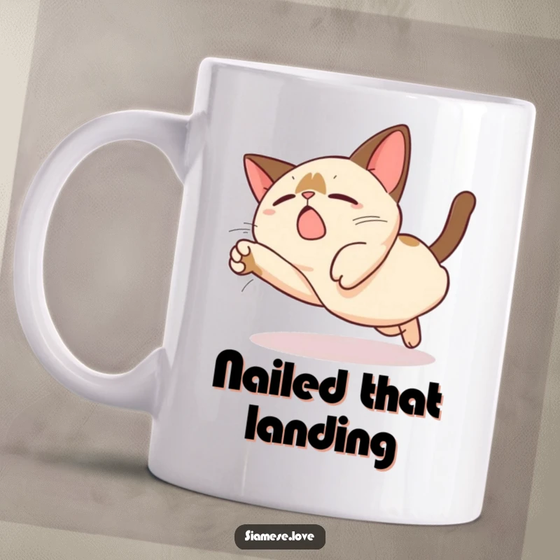 Funny Kawaii Siamese Cat Mug: A cute cat character attempts a comically exaggerated, clumsy dive with wide eyes, full of humor.