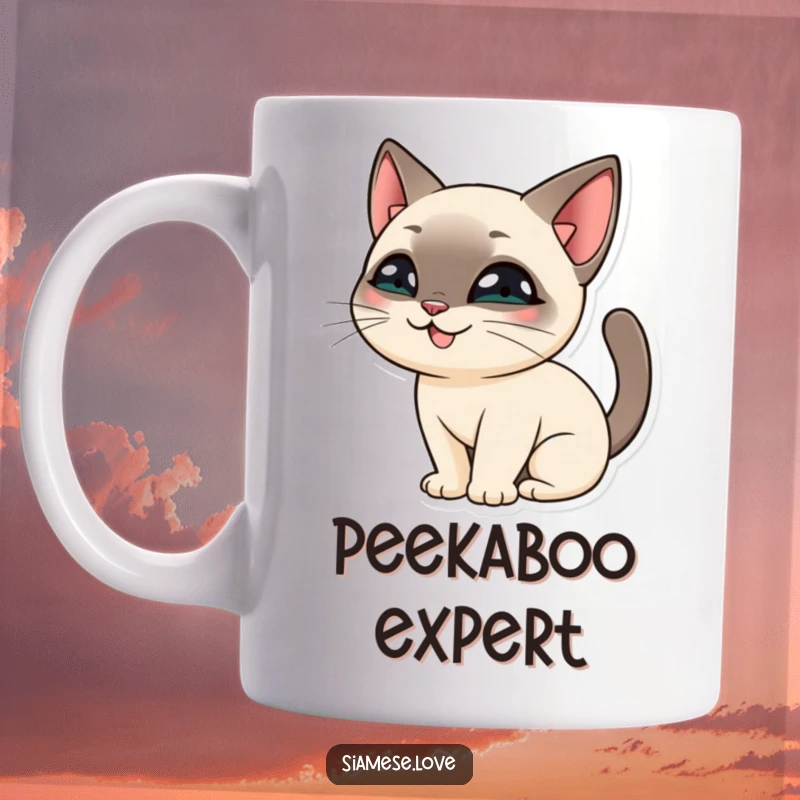 Funny Siamese Cat Mug: A mischievous cat character with a grin, hiding playfully behind its own long tail.