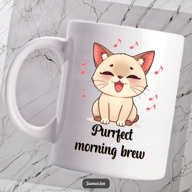 Funny Siamese cat mug, a content character purring loudly, surrounded by whimsical floating musical notes, a harmonious and amusing scene.