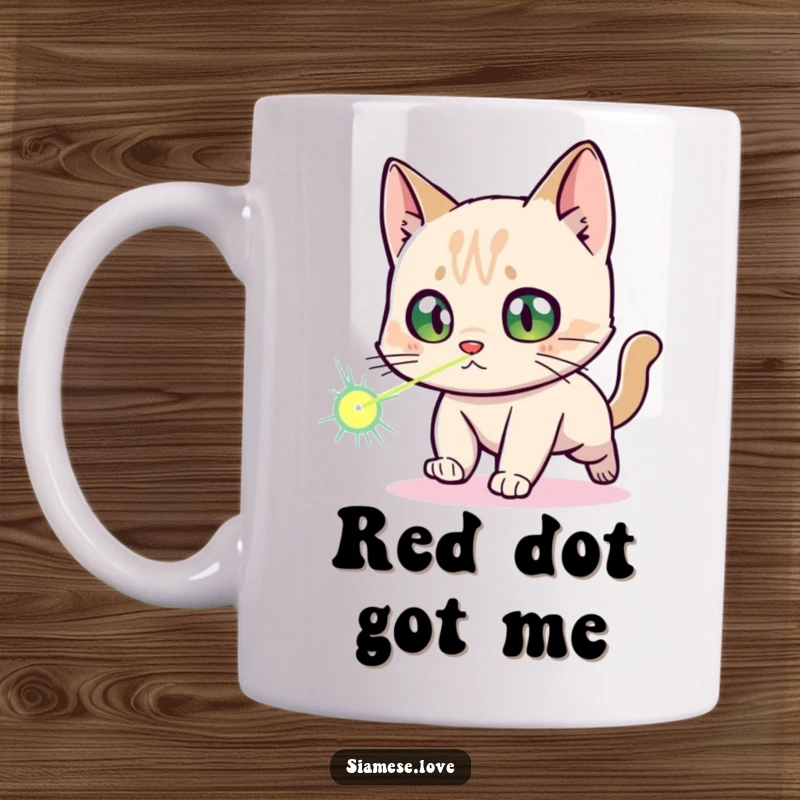 Funny Siamese Cat Mug: Playful feline with startled eyes frantically chases a red laser dot, a humorous and relatable cat moment.
