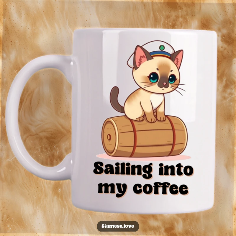 Funny kawaii Siamese cat mug, wearing a sailor hat and balancing playfully on a rolling barrel.