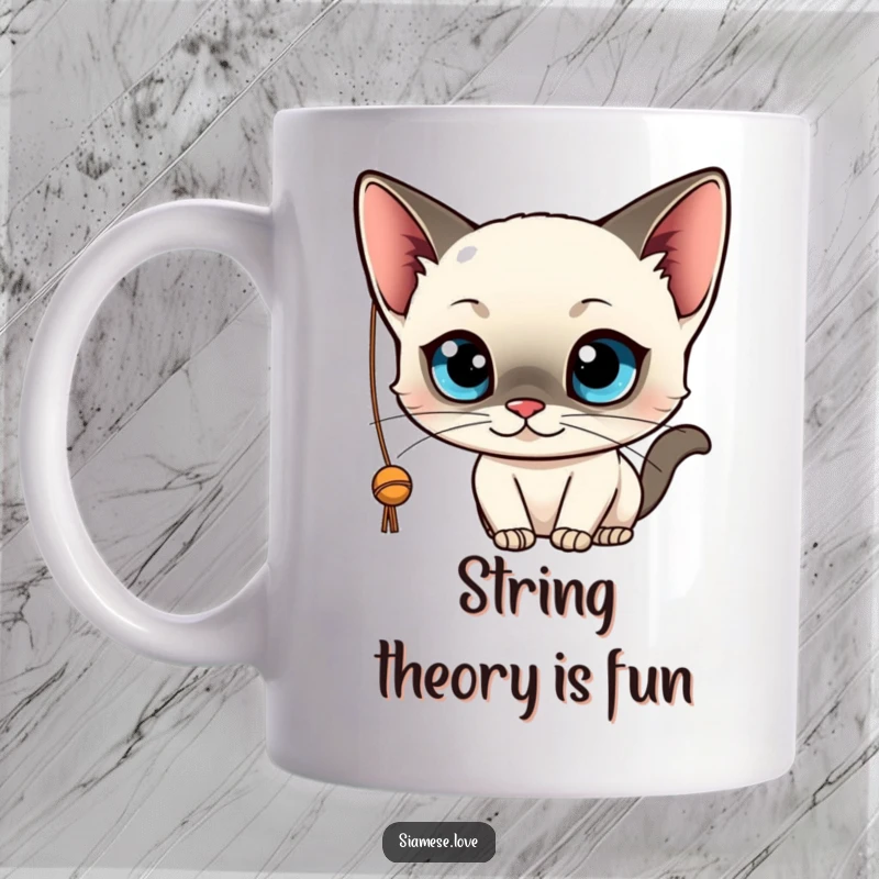 Funny mug featuring a sleek, kawaii Siamese cat with wide blue eyes playfully batting at a dangling string. Adorable feline art.