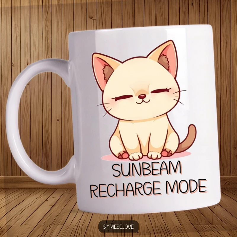 Funny Kawaii Siamese cat peacefully sleeping in a sunbeam, radiating calm and humor on a delightful mug.
