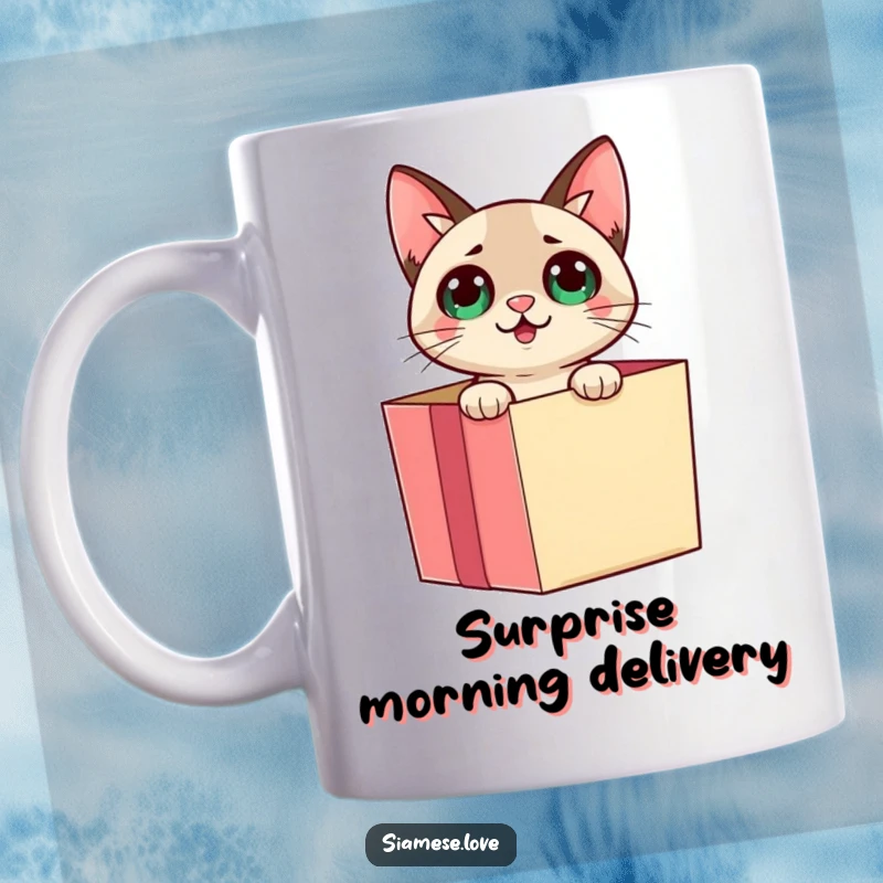 Funny Siamese cat emerging from a gift box with playful surprise on a mug, celebrating excitement and cute reveals.