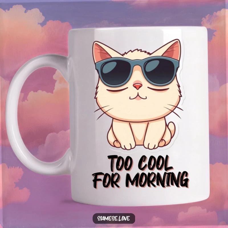 Funny Siamese cat comically wearing oversized sunglasses, looking effortlessly cool on this mug.
