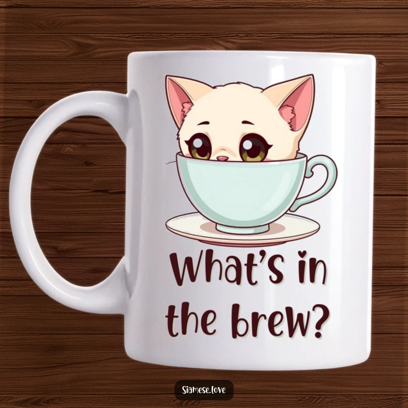 Funny Siamese Cat Mug: A curious Siamese cat with wide eyes peering intently into a giant teacup.
