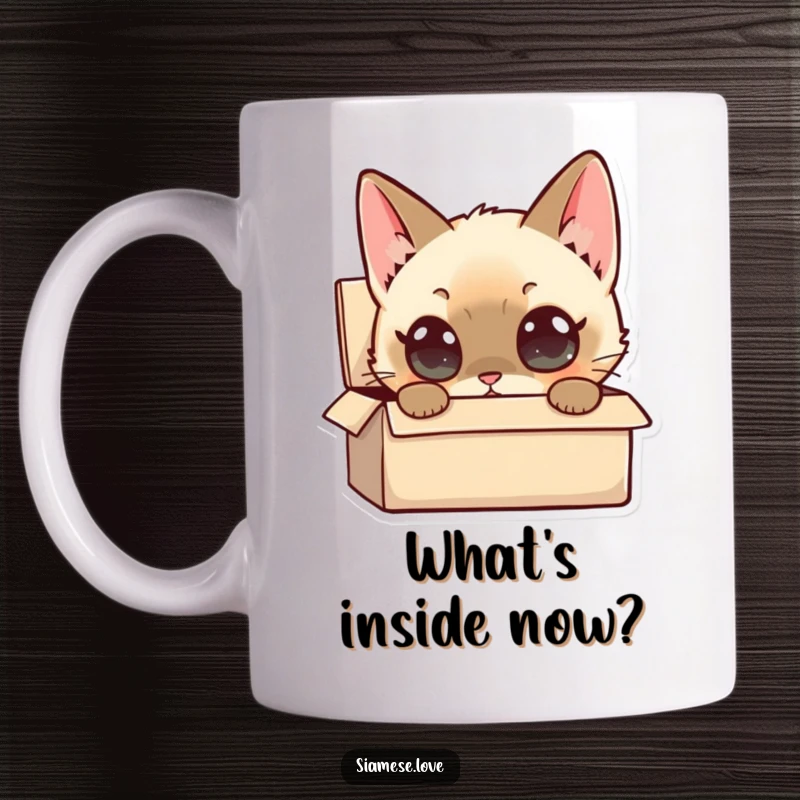 Funny Siamese Cat Mug: A curious Siamese cat with wide eyes peers intently into a small box, a humorous and relatable scene.