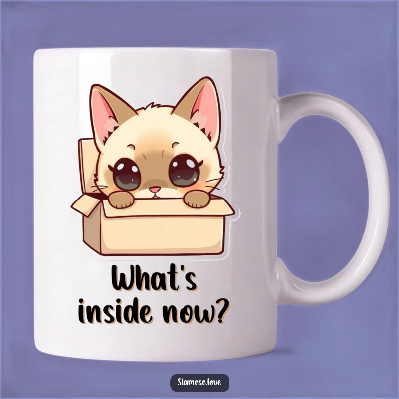 Funny Siamese Cat Box Curiosity Mug: Wide-Eyed Wonder Gift for Cat Lovers