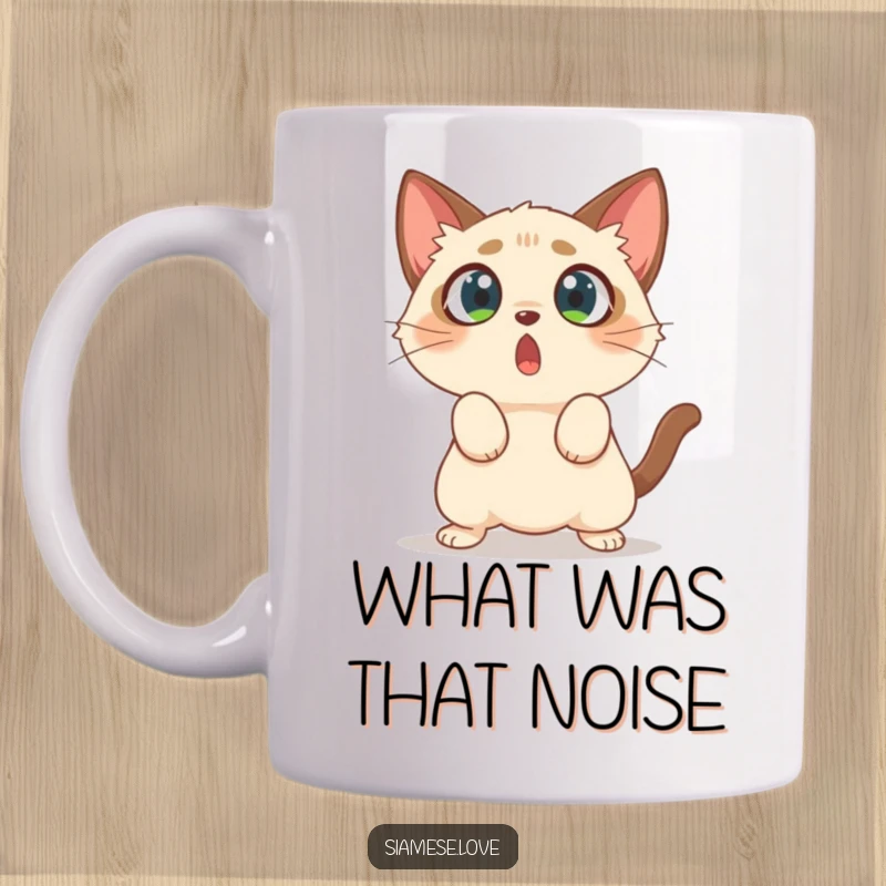 Funny mug featuring a surprised Siamese cat with wide eyes, comically pouncing at empty air with hilarious intensity.