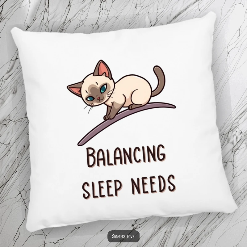 Funny pillow featuring a sleek Siamese cat elegantly balancing on a narrow, curving surface, offering comfort and sophisticated feline humor.
