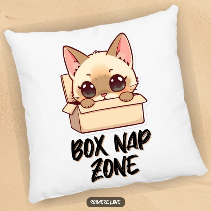 Funny Siamese Cat Pillow: A pillow featuring a curious Siamese cat character with wide eyes peering into a small box, offering comfort.