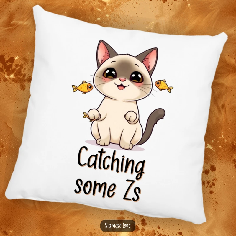 Funny Pillow: A cheerful Siamese cat balancing three fish while juggling, adding a playful touch.