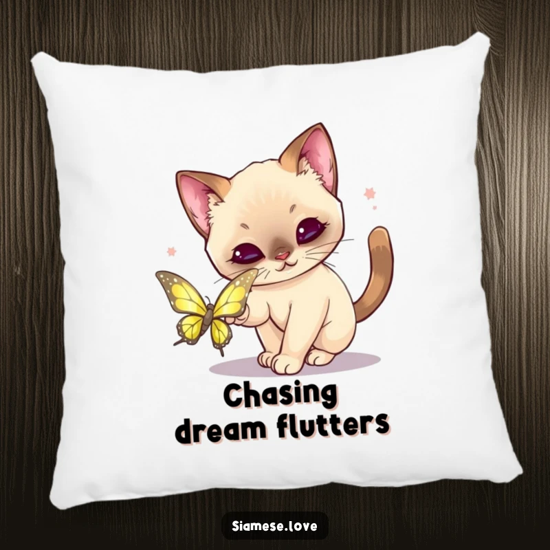 Funny Kawaii Siamese Cat Pillow: Plush pillow featuring a cute cat playfully pouncing towards a shimmering butterfly.