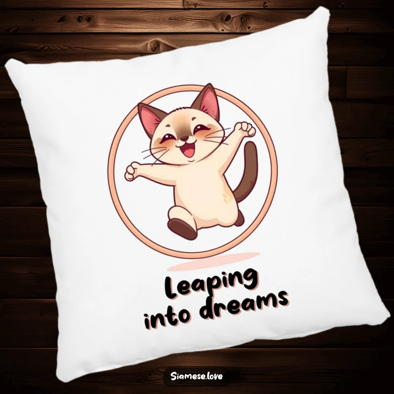 Funny pillow featuring a cheerful Siamese cat joyfully leaping through a hoop, adding comfort and a playful vibe.