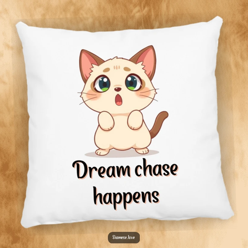 Funny pillow featuring a surprised Siamese cat with wide eyes, comically pouncing into the void.