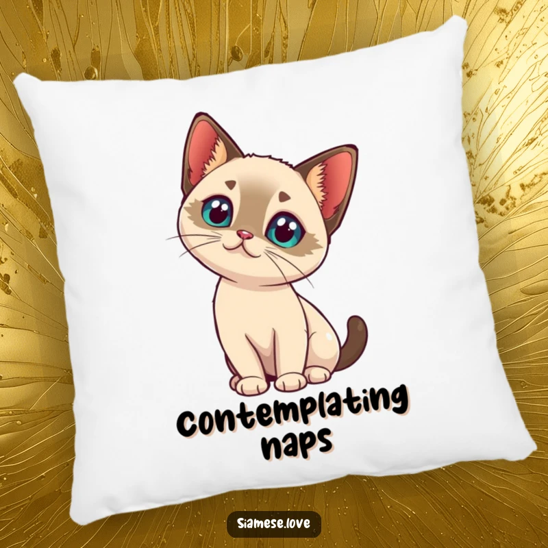 Funny kawaii Siamese cat tilting its head with intrigue on a soft pillow, ideal for cozy contemplation.