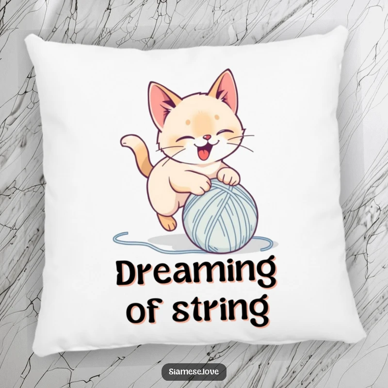 Funny pillow featuring a stylized Siamese cat delightedly pouncing on a yarn ball, offering comfort and playful feline humor for any room.