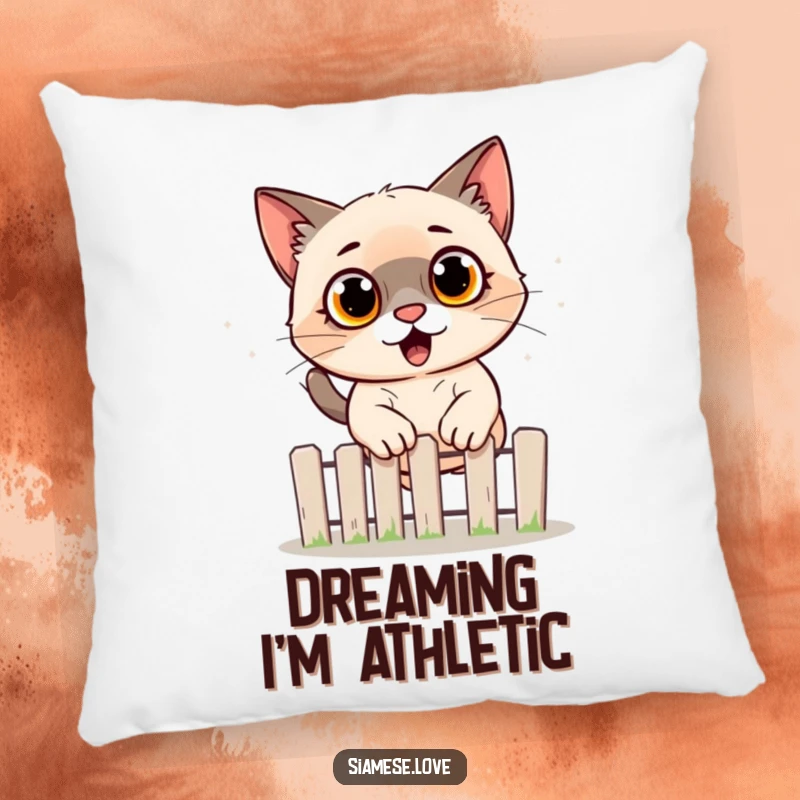 Funny Siamese cat pillow displaying a startled feline airborne over a fence, offering comfort and a humorous decorative touch.