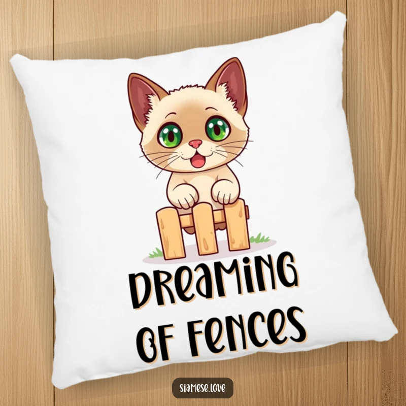 Funny Siamese cat pillow cushion, a surprised feline with wide eyes attempting to jump over a miniature fence, soft and humorous.