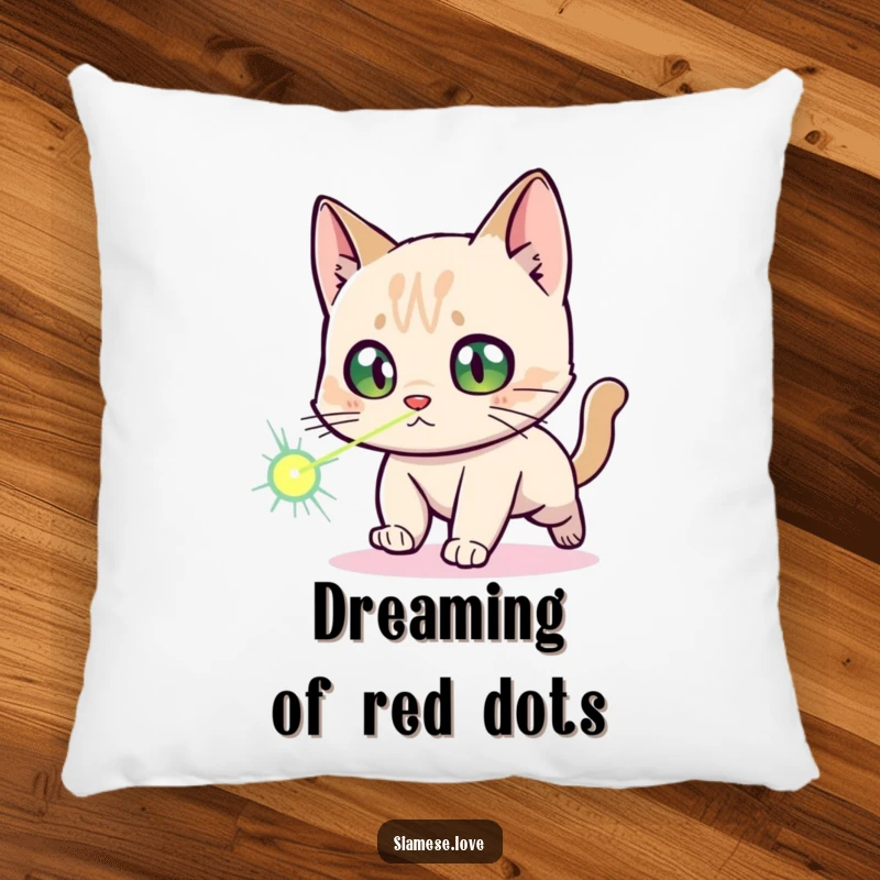 Funny Siamese Cat Pillow: A plush pillow featuring a startled Siamese cat character intensely chasing a laser dot, evoking humor.