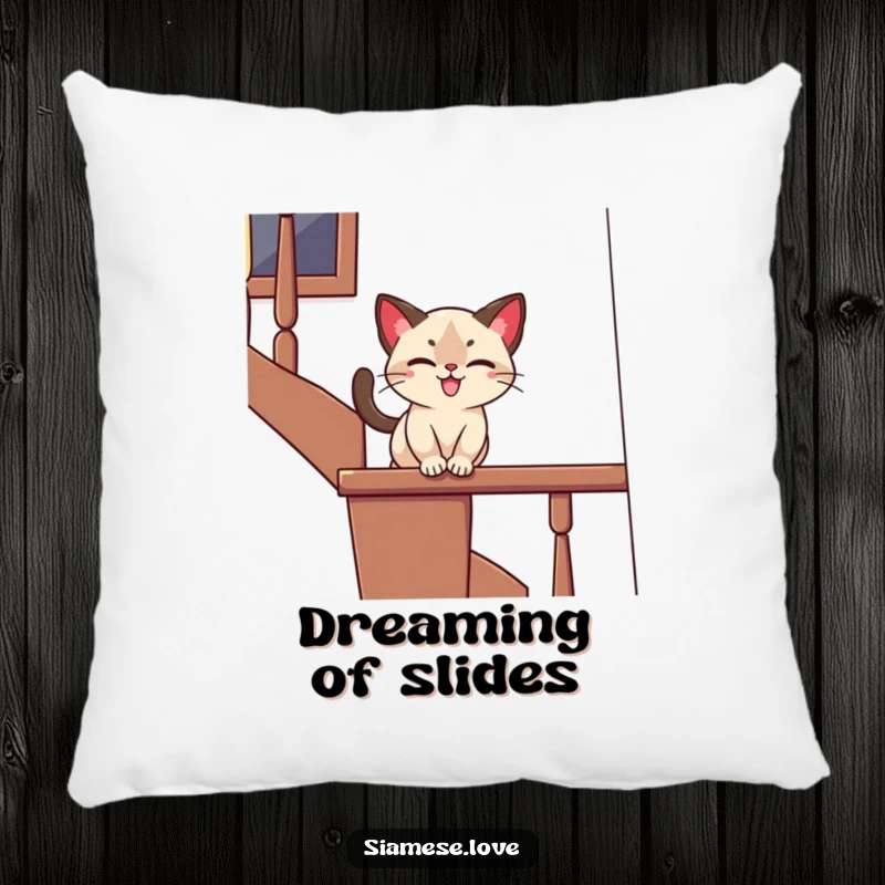 Funny pillow featuring a stylized Siamese cat playfully sliding down a banister with a joyful expression, offering comfort and playful humor.
