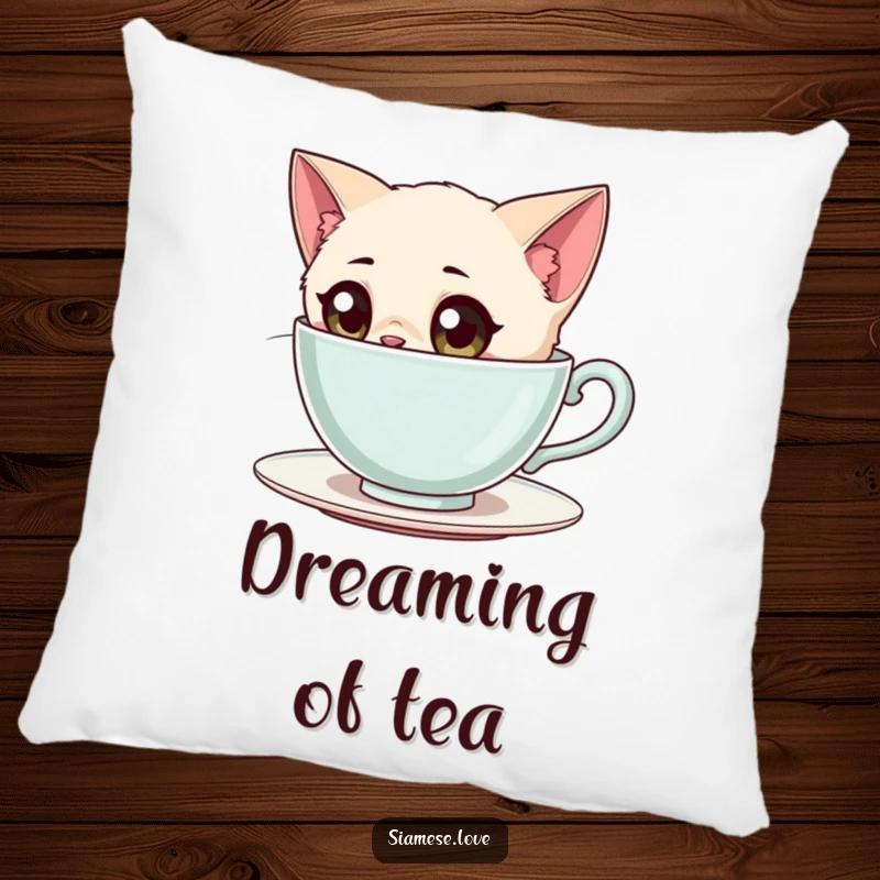 Funny Siamese Cat Pillow: A plush pillow showing a curious Siamese cat with wide eyes peering into a teacup.