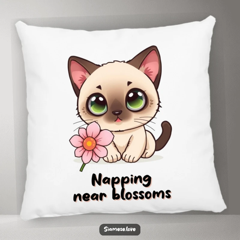 Funny kawaii Siamese cat with big, curious eyes sniffing a flower on a soft pillow, ideal for comfort.