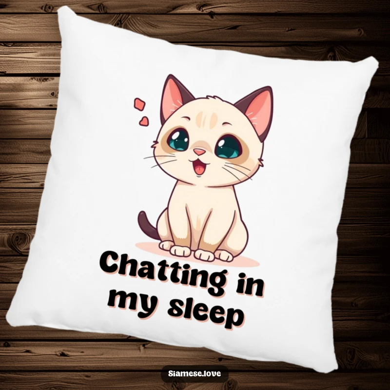 Funny Siamese cat pillow depicting a chattering cat with an exaggerated sound wave bubble, perfect for lounging and adding humor.