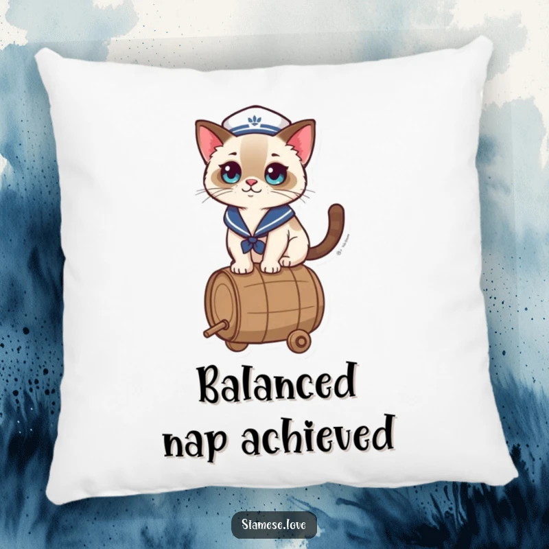 Funny Pillow with a kawaii Siamese cat in a sailor hat, balancing on a barrel, offering cozy comfort and seafaring humor.
