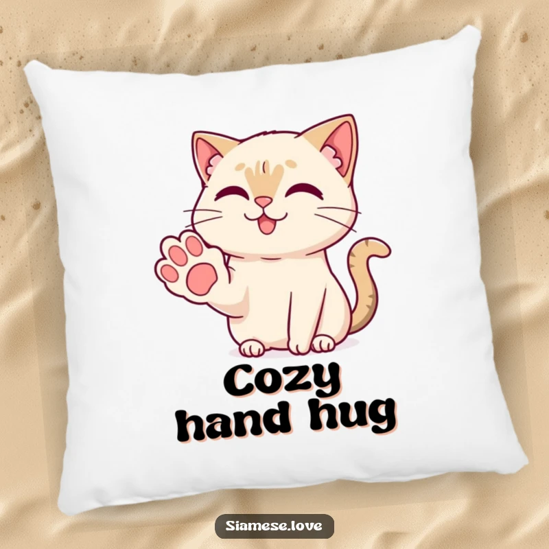 Funny Kawaii Siamese cat offering a friendly paw with a sweet smile, depicted on a soft pillow for cozy decor.