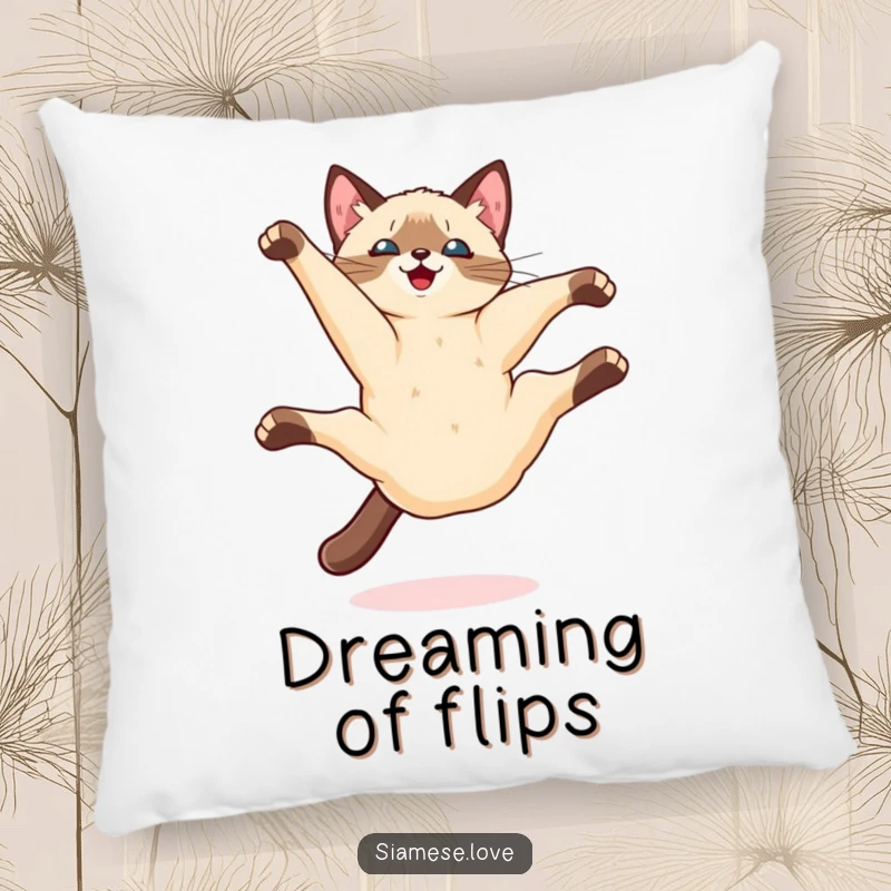 Funny Kawaii Siamese cat doing a playful somersault mid-air, depicted on a soft pillow for cozy, dynamic decor.