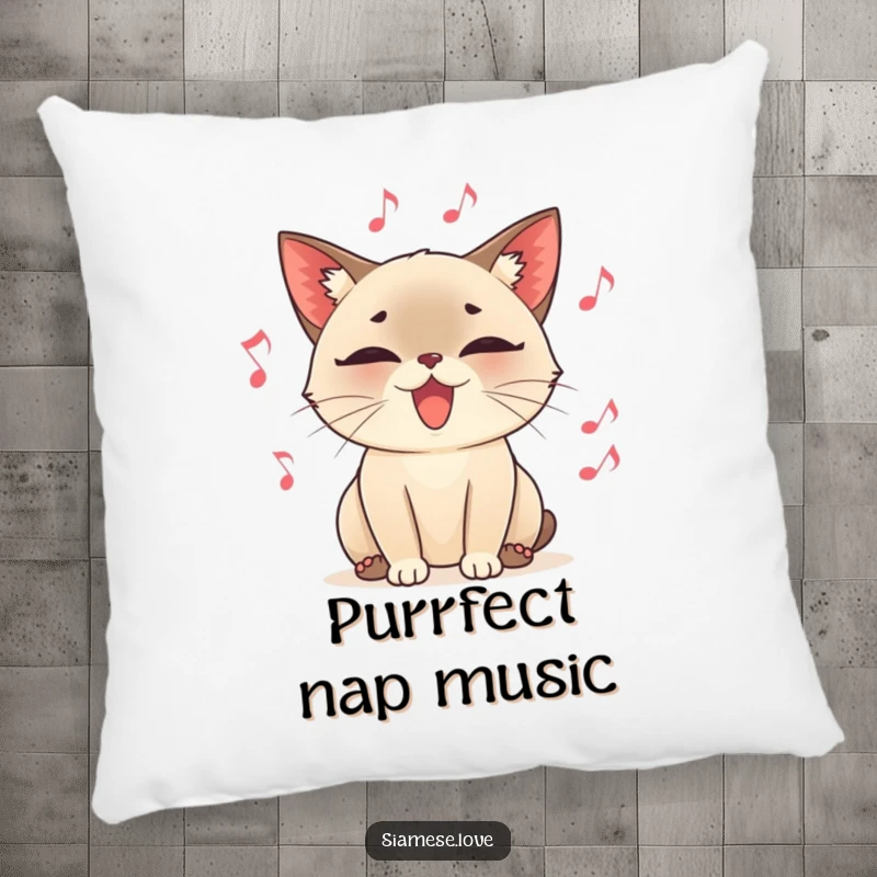 Funny decorative pillow, a content Siamese cat character purring loudly, surrounded by floating musical notes, a soft and melodious accent.