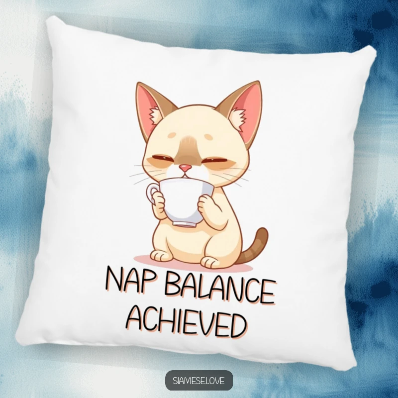 Funny Siamese cat balancing a teacup on its nose on a decorative pillow, offering comfort and a humorous display of focus.