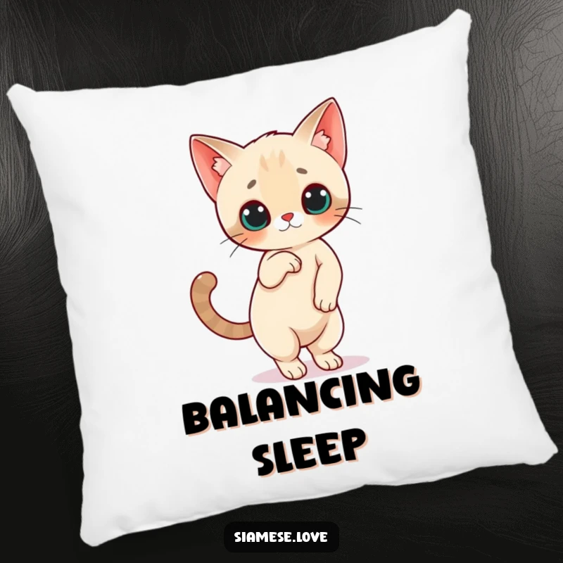 Funny Siamese Cat Pillow: A pillow featuring a Siamese cat character balancing on its hind legs with its tail high, offering soft humor.