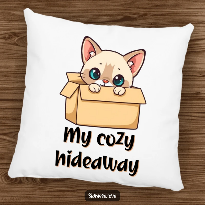Funny Pillow: A curious Siamese cat peeking out from a cardboard box, offering comfort and charm.