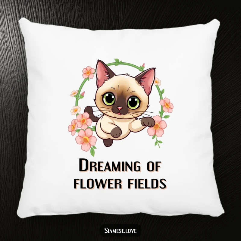 Funny pillow featuring a curious Siamese cat leaping through a hoop of flowers, offering comfort and a touch of feline elegance and whimsy.