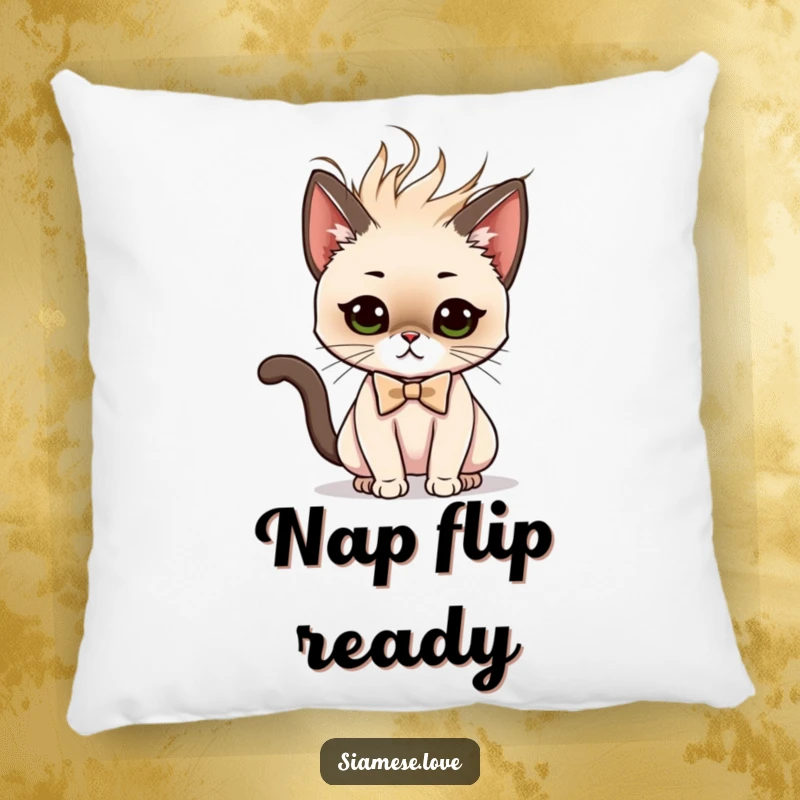Funny pillow with a Siamese cat character in a bow tie executing a dramatic and sassy hair flip, perfect for a diva.