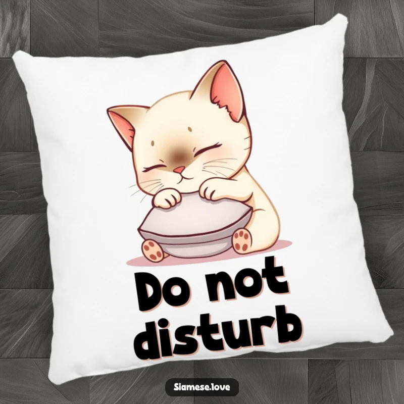 Funny Siamese cat pillow featuring a cute kawaii kitty nuzzling a small cushion, offering comfort, charm, and a contented purr.