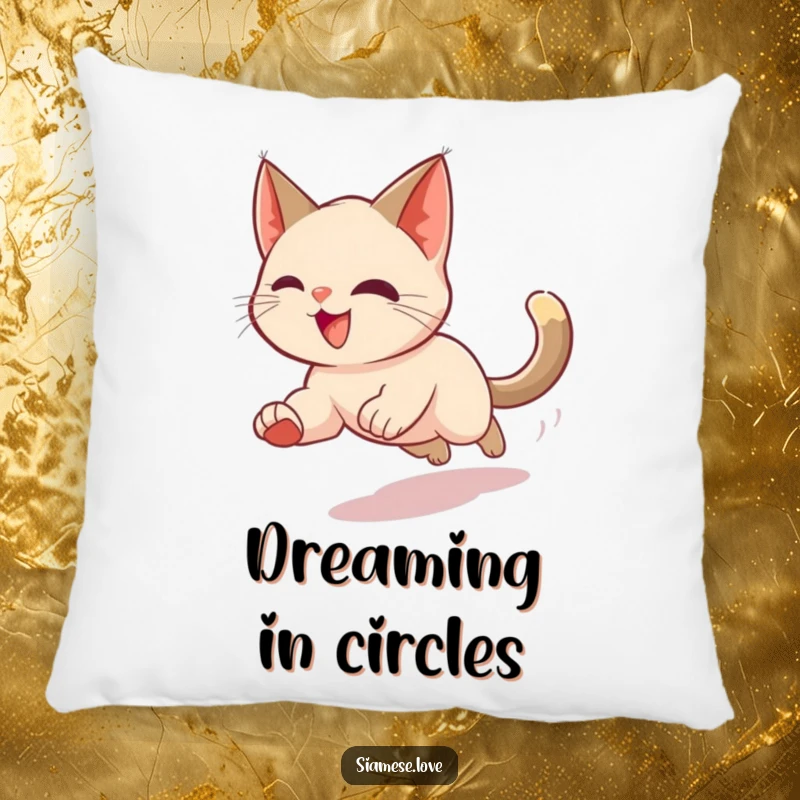 Funny pillow featuring a cheerful Siamese cat in a motion blur chasing its tail, ideal for adding a touch of energetic humor to seating areas.