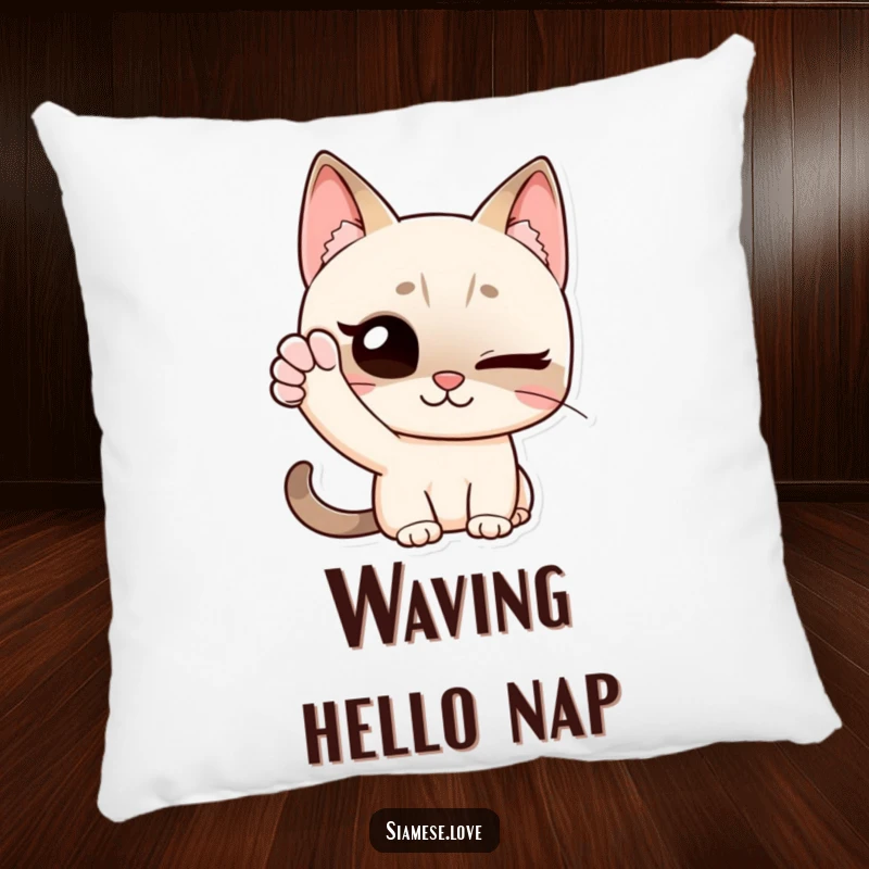 Funny pillow featuring a Siamese cat winking and waving with its paw, ideal for adding a friendly and humorous touch to any seating area.